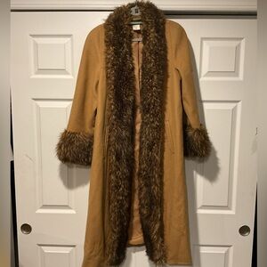 True Vintage Penny Lane Wool Tan Faux Fur Trim Trench Coat Jacket sz 12